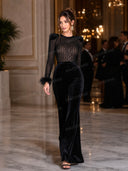 Elegant Lace Feather Trim Velvet Flare Jumpsuit