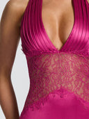 Elegant Pleated Halter Neck Lace Satin Maxi Dress