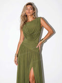 Elegant Draped Ruched High Slit Party Maxi Dress