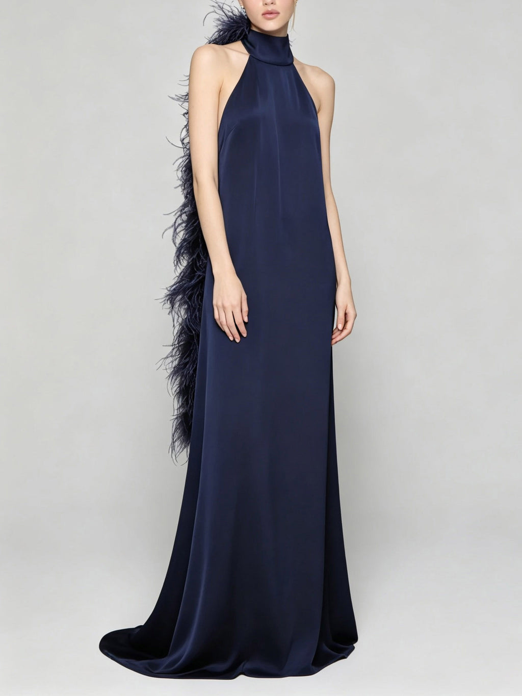 Elegant Satin Halter Feather-Trim Maxi Dress