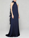 Elegant Satin Halter Feather-Trim Maxi Dress