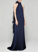 Elegant Satin Halter Feather-Trim Maxi Dress