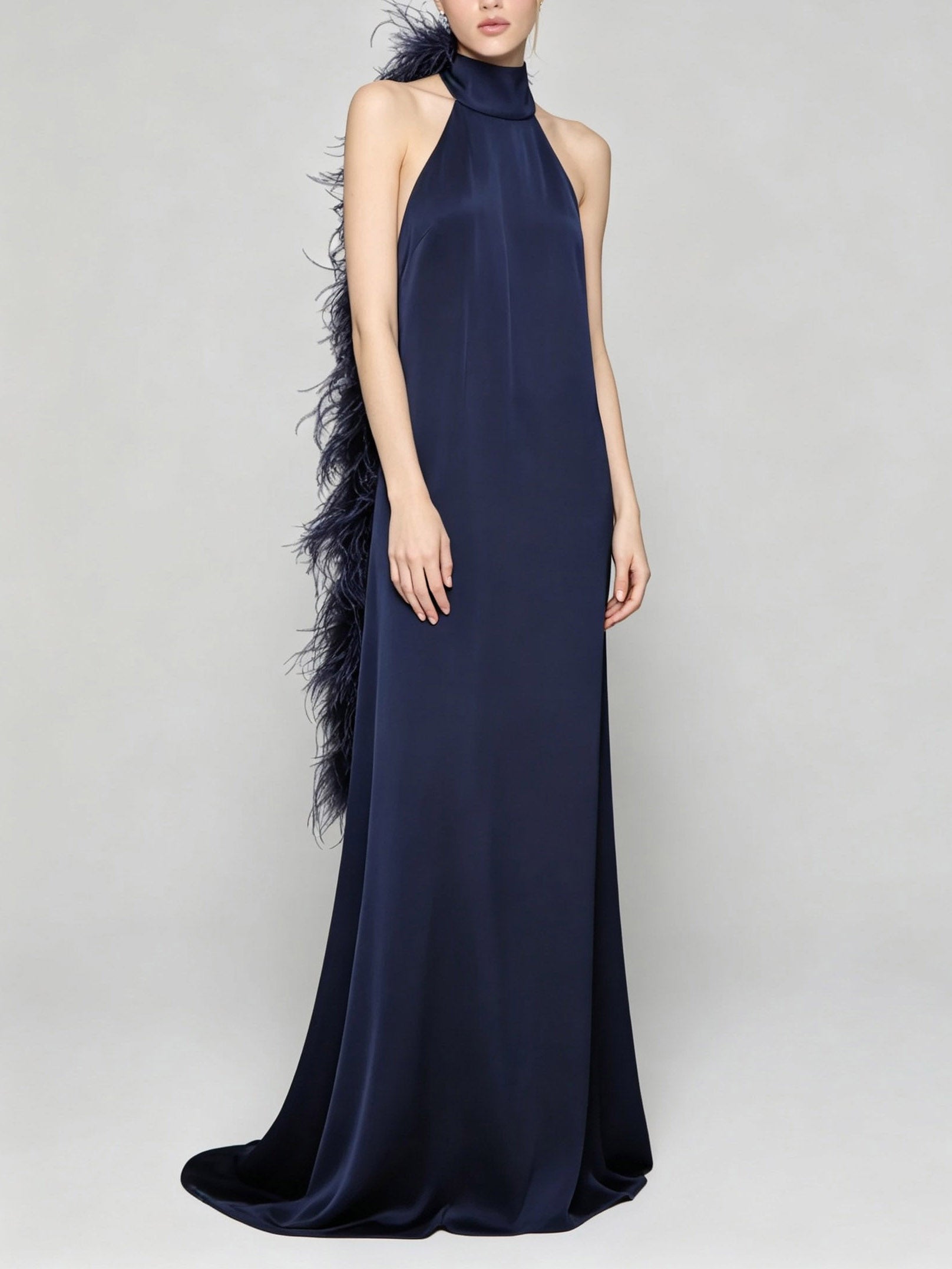 Elegant Satin Halter Feather-Trim Maxi Dress