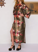 Floral Check Print Bell Sleeve Maxi Dress
