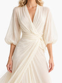 Elegant Chiffon Puff-Sleeve Wrap Maxi Dress