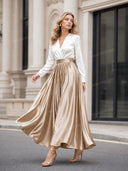 Elegant Satin Bodysuit & Pleated Flowy Party Two-Piece Set