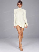 Ruched High Neck Long Sleeve Mini Dress