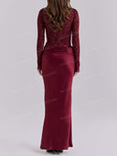 Elegant Lace Long Sleeve Ruched Waist Maxi Dress