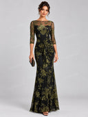 Elegant Floral Velvet Jacquard Mesh Maxi Dress