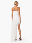 Elegant Strapless Feather Trim High Slit Satin Party Maxi Dress