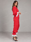 Elegant Lace Trim Blazer & Ruffle Hem Pants Set