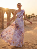 Elegant One-Shoulder Floral Print Chiffon Maxi Dress