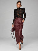 Elegant Floral Lace Bodysuit & High Waist Maxi Skirt Two Piece Set