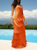 Elegant One-Shoulder Backless Tiered Fringe Maxi Dress