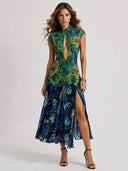 Tropical Print Cutout High Slit Maxi Dress