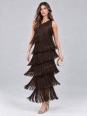 One Shoulder Tiered Fringe Maxi Dress