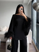 Elegant Feather-Trim Batwing Top & Pants Two-Piece Set