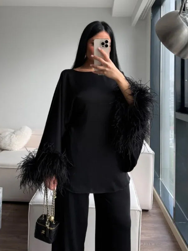 Elegant Feather-Trim Batwing Top & Pants Two-Piece Set