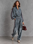 Casual Contrast Trim Velvet Zip Top & Pants Two Piece Set