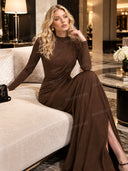 Asymmetric Design Pleated Long Sleeve Maxi Dress