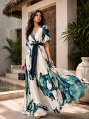 Elegant Watercolor Print V-Neck Flowing Maxi Dress