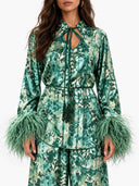 Exquisite Watercolor Print Feather Cuff Tie Shirt & Wide-Leg Pants Two-Piece Set
