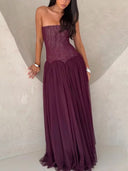 Elegant Strapless Corset Pleated Chiffon Maxi Dress