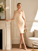 Asymmetrical One-Shoulder Sheer Shawl Satin Midi Dress