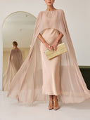 Elegant Satin and Sheer Chiffon Cape Maxi Dress