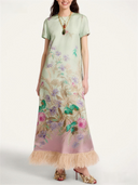 Pastel Floral Print Feather Trim Maxi Dress