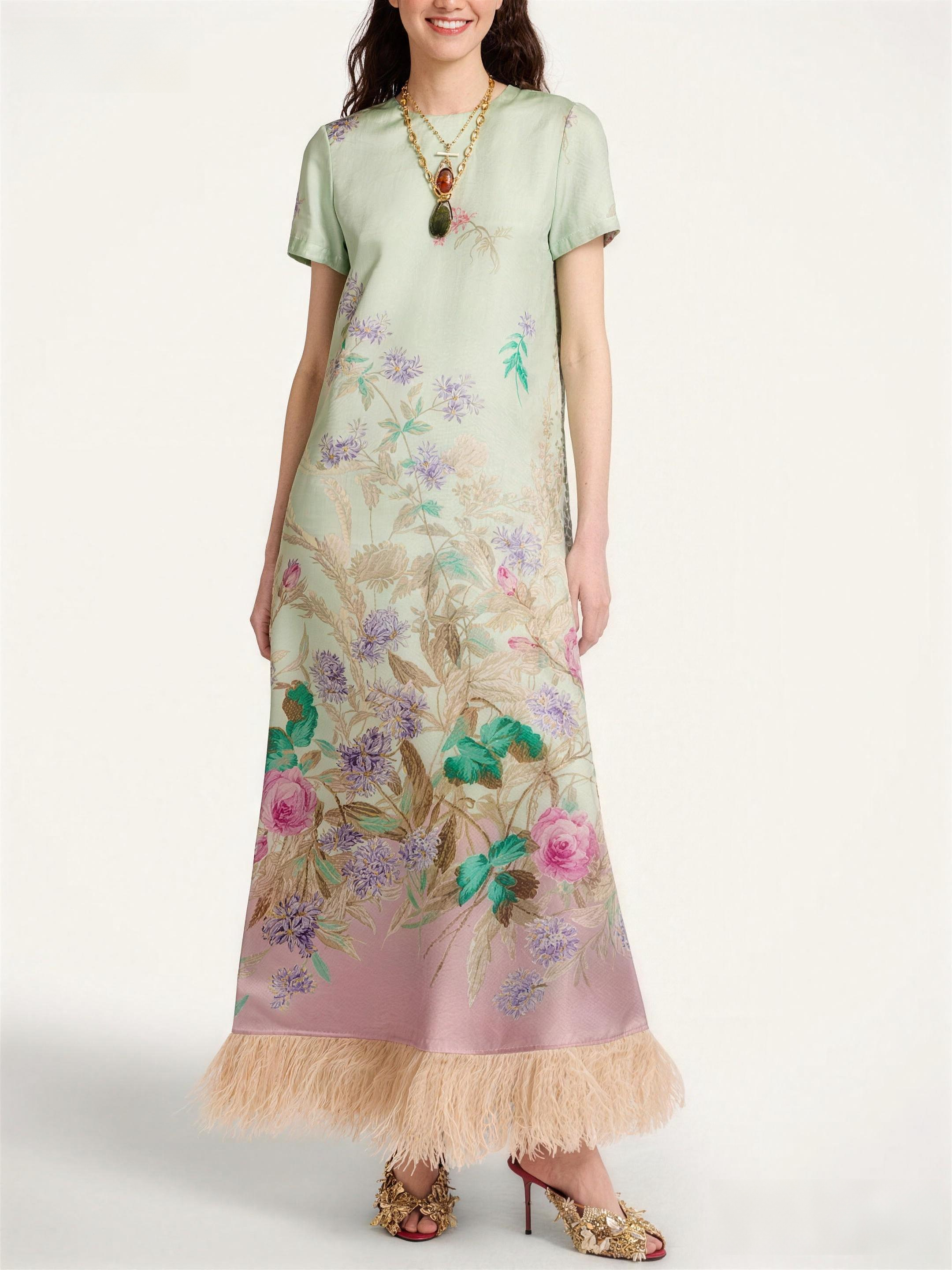 Pastel Floral Print Feather Trim Maxi Dress