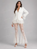 Elegant Lace Trim Blazer Top & Flared Lace Pants Two-Piece Set
