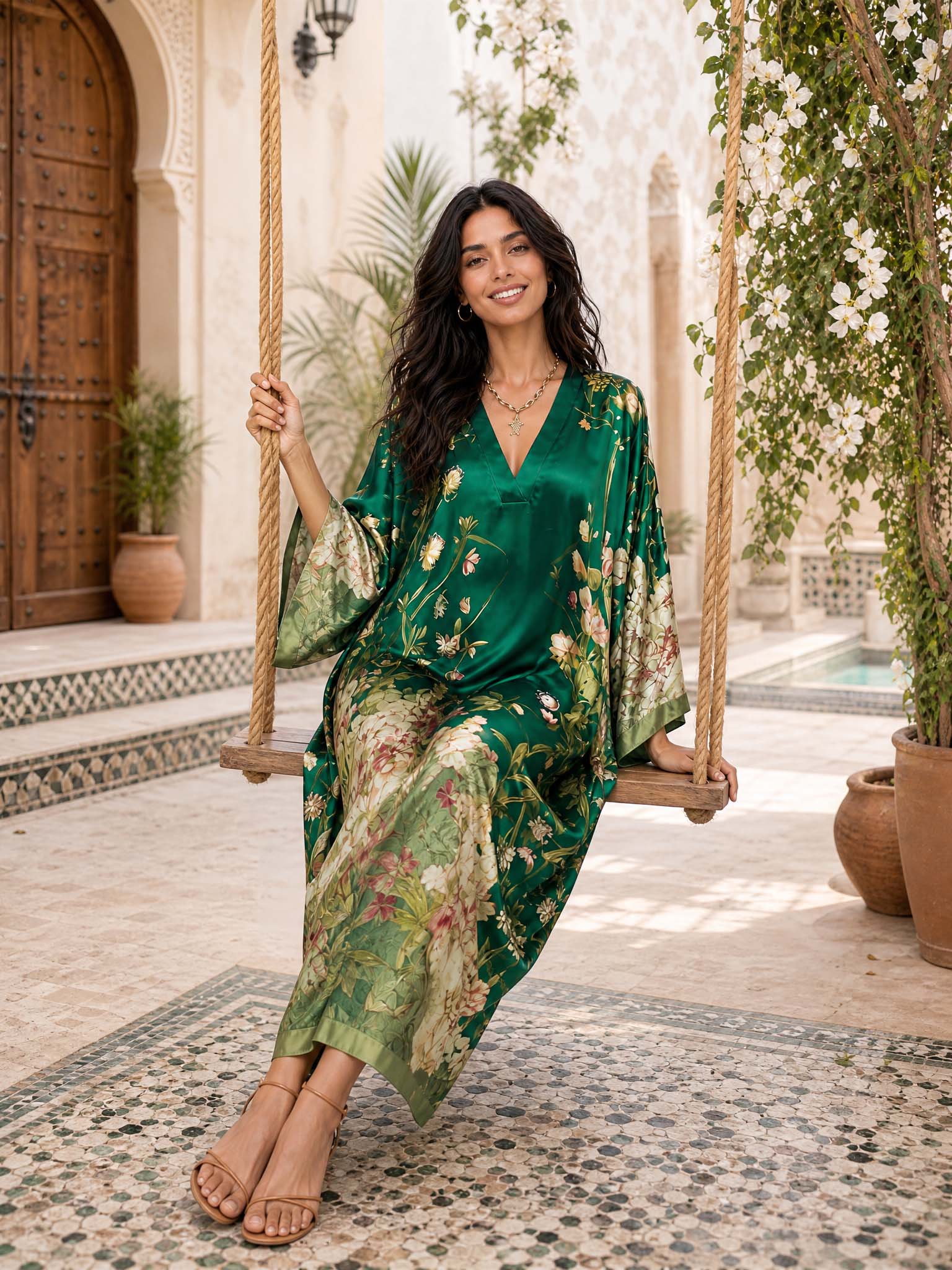 Elegant Floral Print Batwing Sleeve Maxi Dress