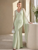 Elegant Lace-Trim Cape Sleeve Ruched Maxi Dress