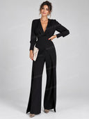 Elegant Deep V Bodysuit Wide Leg Pants Two Piece Set