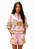 Exquisite Satin Horse Print Zip-Up Shirt & Shorts Set