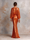 Elegant Sequin Ruched Long Sleeve Maxi Dress