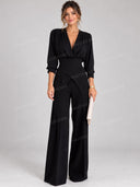 Elegant Deep V Bodysuit Wide Leg Pants Two Piece Set