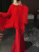 Pleated Cape Top & Satin Mermaid Maxi Skirt Two‑Piece Set