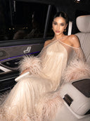 Luxury Sequined Feather Trim Cape Sleeve Maxi Dress