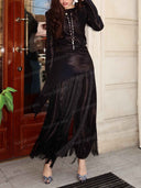 Elegant Long Sleeve Top & Fringe Pants Two-Piece Set