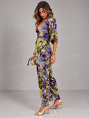 Abstract Print Tie-Front Blazer & Straight Leg Pants Set