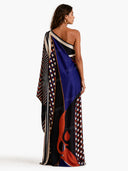 Elegant One-Shoulder Abstract Print Draped Maxi Dress