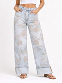 Floral Print Wide Leg Cuffed Jeans