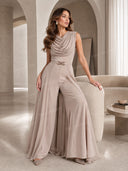 Elegant Draped Cowl Neck Belted Wide-Leg Jumpsuit