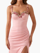 Elegant Floral Embroidered Ruched Slit Maxi Dress