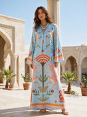 Azure Dream Printed Tie Neck Maxi Dress
