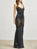 Elegant Sequin Panel Satin Backless Maxi Dress