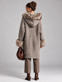 Faux Fur Trim Hooded Knit Long Cardigan