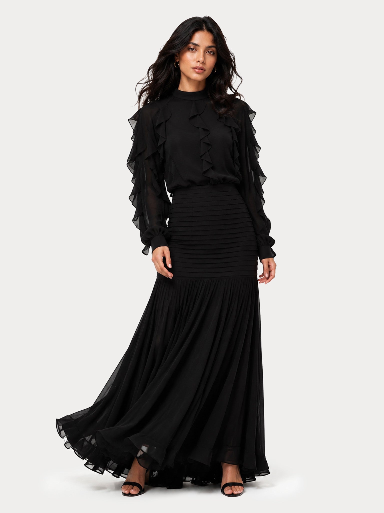 Elegant Ruffle Top & Ruched Mermaid Maxi Skirt Two-Piece Set